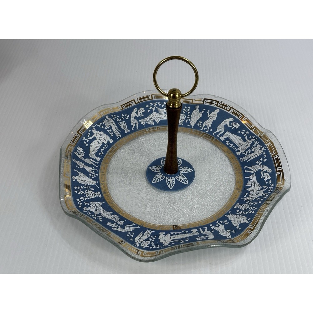 Vintage Jeanette Glass‎ Wedgwood Blue Hellenic Greek Fruit Wedge Serving Dish